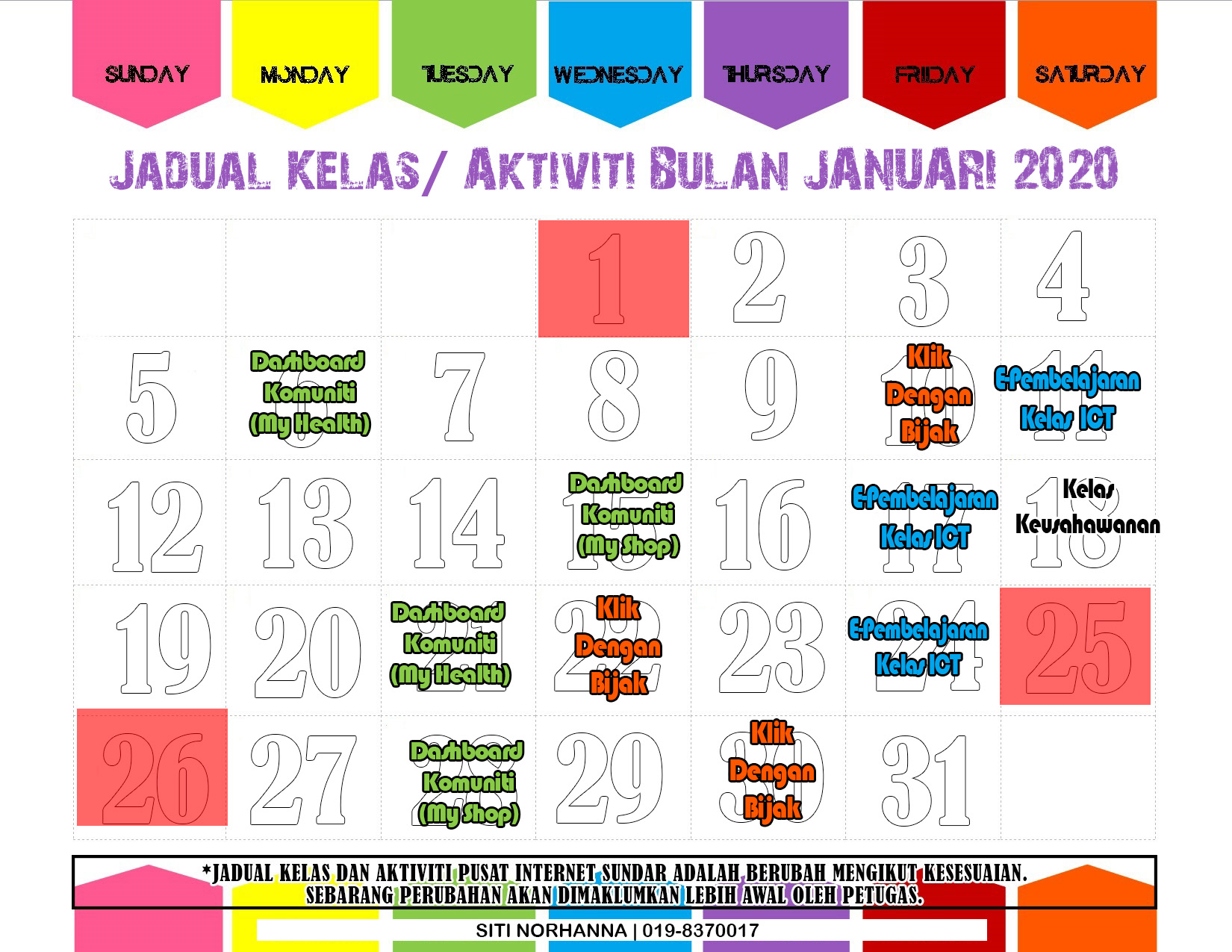 jadual aktiviti januari 2020